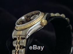 Rolex Datejust Ladies Two-Tone 18K Gold & Steel Watch Black Tapestry Dial 69173