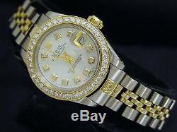 Rolex Datejust Lady 2Tone 14K Gold Steel Watch White MOP Diamond Dial 1ct Bezel