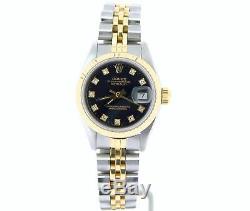 Rolex Datejust Lady 2Tone 18K Yellow Gold & Steel Watch Black Diamond Dial 69173