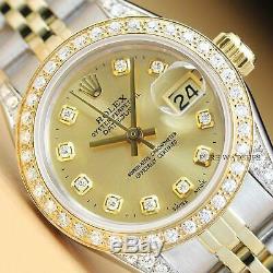 Rolex Ladies Datejust Champagne Diamond Dial 18k Yellow Gold Steel Watch