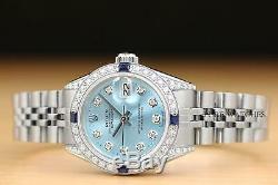 Rolex Ladies Datejust Ice Blue Sapphire Diamond 18k White Gold Steel Watch