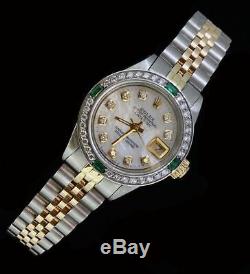 Rolex Lady Datejust Oyster Stainless Gold Diamond Dial Bezel Emerald Watch