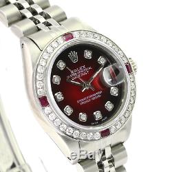 Rolex Lady Datejust SS Red Vignette Diamond Dial Diamond Bezel 26mm Watch