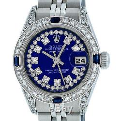 Rolex Lady Datejust Watch Ss & 18k White Gold Blue String Diamond & Sapphire