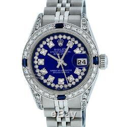 Rolex Lady Datejust Watch Ss & 18k White Gold Blue String Diamond & Sapphire