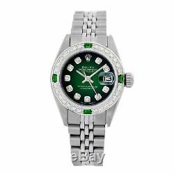 Rolex Watch Steel Lady Datejust 6917 Green Vignette Diamond Dial Bezel w Emerald