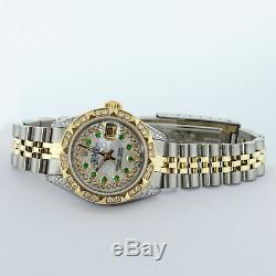 Rolex Watch Women's Datejust Steel 18K Yellow Gold MOP Diamond / Emerald Dial