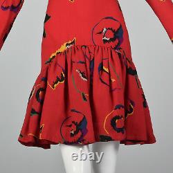 S 1980s Pauline Trigere Long Sleeve Red Dress Drop Waist Shift Style Autumn 80s