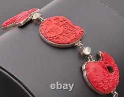 SAJEN 925 Sterling Silver Vintage Red Coral Carved Link Bracelet- BT9878