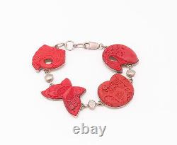 SAJEN 925 Sterling Silver Vintage Red Coral Carved Link Bracelet- BT9878