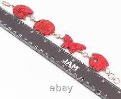 SAJEN 925 Sterling Silver Vintage Red Coral Carved Link Bracelet- BT9878