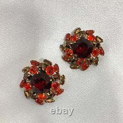Schreiner Signed Red & Deep Orange Stone Vintage Clip on Earrings