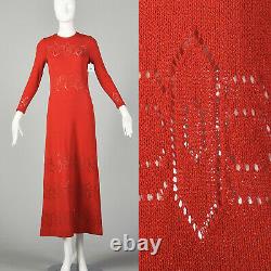 Small 1970s Dress Pat Sandler Red Knit Maxi Long Sleeve Sheer Details 70s VTG