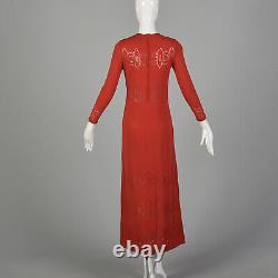 Small 1970s Dress Pat Sandler Red Knit Maxi Long Sleeve Sheer Details 70s VTG