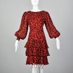 Small 1980s Michael Novarese Red and Black Silk Dress VTG Bishop Sleeve Back Zip
