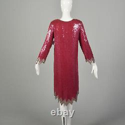 Small 1990s Silk Sequin Cocktail Dress Pink Silver Red Evening Chemise VTG