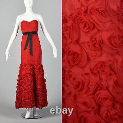 Small Strapless Pleated Gown Red Long Dress VTG Rosettes Mermaid Sweetheart Neck