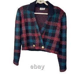 St. John Marie Gray Womens Cropped Jacket Size 12 Vintage Plaid Knit Two Button