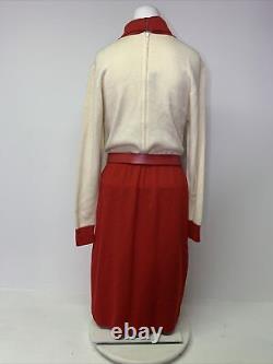 St. John Vintage 6 Red Cream Santana Knit Belted Long Sleeve Sweater Midi Dress