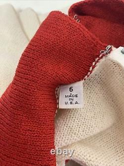 St. John Vintage 6 Red Cream Santana Knit Belted Long Sleeve Sweater Midi Dress