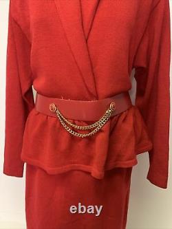 St. John Vintage 8 Red Santana Knit Belted Long Sleeve Sweater Midi Dress Size 8