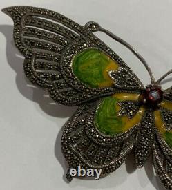 Sterling Silver Enamel Garnet Marcasite Butterfly Pendant Pin Brooch G41