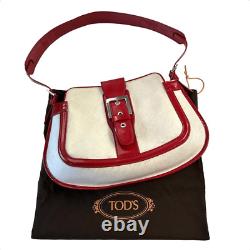 TOD'S VTG Authentic Y2K Red & Linen Shoulder Baguette Curved Leather Handbag