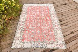 Turkish Rug 3.7'x6.3' Vintage Red Distressed Medallion Design Wool Rug 113x193cm