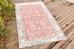 Turkish Rug 3.7'x6.3' Vintage Red Distressed Medallion Design Wool Rug 113x193cm