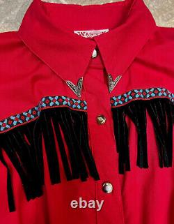 USA Vintage Womens Cowgirl Dress Red w Black Fringe Silver Collar Tips Pockets