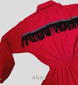 USA Vintage Womens Cowgirl Dress Red w Black Fringe Silver Collar Tips Pockets