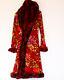 Vintage Betsey Johnson Velvet Faux Fur Duster Coat Red Rose Pattern