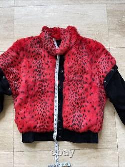 VINTAGE RED AND BLACK RABBIT FUR COAT WOMENS S SNAPS Removable Sleeve