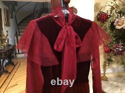 VINTAGE Red Victorian Velvet Velour Maxi Dress Sz S