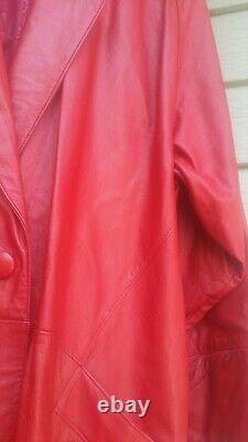 VINTAGE WOMENS 80s CHERRY RED LEATHER 51 LONG TRENCH EUC COAT XL -1X TALL KOREA