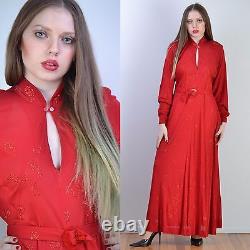 VTG 70s 80s JEAN MUIR LONDON Red PAISLEY Glitter Sheer Dolman Maxi Dress S-M
