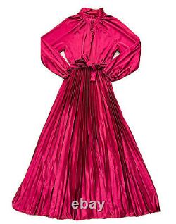 VTG 70s Rockabilly Womens 15/6 Accordion Pleat Long Sleeve Gown Maxi Dress Red