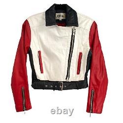 VTG 80s Chia Womens XS Thriller Red White Black Leather Motorcycle Moto Jacket