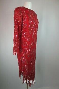 VTG 80s Flapper Sequin Trophy Wife Beaded RED Iridescent Dress Gown Silk M