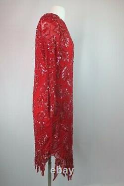 VTG 80s Flapper Sequin Trophy Wife Beaded RED Iridescent Dress Gown Silk M