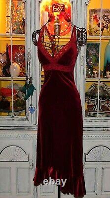 VTG 90s Betsey Johnson Dress VELVET Red Lace Midi Slip Evening Party S 2 4 6