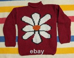 VTG 90s Ecuador Made Hand Knit Wool Double Sided Red Flower Sweater L