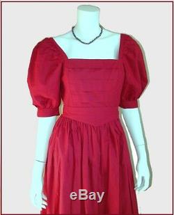 VTG Laura Ashley red 100% cotton puff sleeves belt dress US 10 UK 12 Eur 38 GB