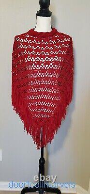 VTG Red Crochet Cape Cutouts Fringes Lagenlook Layer Gypsy Bohemian Small