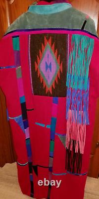 VTG Santa Fe ReCreations Long Coat Red Wool Leather Southwestern Fringe Tribal