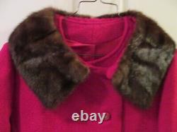 VTG Stevens Hockanum Dbl Breasted Long Red Wool Boucle Coat Mink Collar S/M