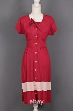 VTG Women's 40s Red Rayon Button Up Dress Sz S 1940s