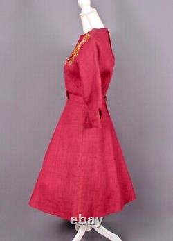 VTG Women's 50s Red Burlap Dress W Rose Applique Sz S 1950s