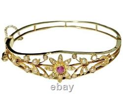 Victorian 14K Yellow Gold Ruby Seed Pearl Hinged Bangle Bracelet 6.5 14K Chain