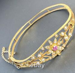 Victorian 14K Yellow Gold Ruby Seed Pearl Hinged Bangle Bracelet 6.5 14K Chain